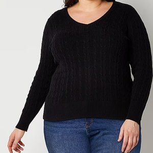 St. John's Bay V Neck Long Sleeve Cable Knit Pullover Sweater -1X Black